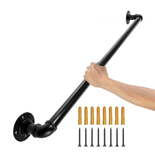 Pipe Stair Handrail, 2FT Staircase Handrail, 440LBS Load Capacity Carbon Steel Pipe Handrail, Industrial Pipe Handrail with Wall Mount Support, Round Corner Wall Handrailings for Indoor, Outdoor