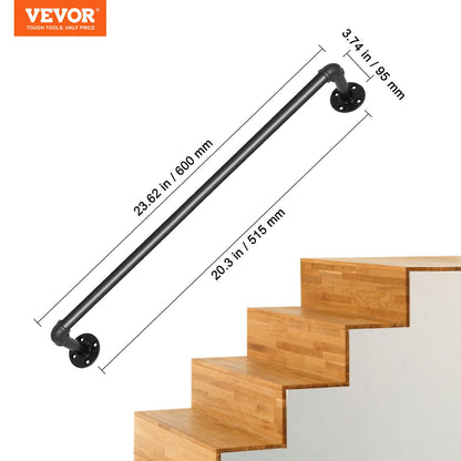 Pipe Stair Handrail, 2FT Staircase Handrail, 440LBS Load Capacity Carbon Steel Pipe Handrail, Industrial Pipe Handrail with Wall Mount Support, Round Corner Wall Handrailings for Indoor, Outdoor