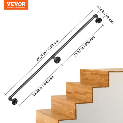 Pipe Stair Handrail, 4FT Staircase Handrail, 440LBS Load Capacity Carbon Steel Pipe Handrail, Industrial Pipe Handrail with Wall Mount Support, Round Corner Wall Handrailings for Indoor, Outdoor