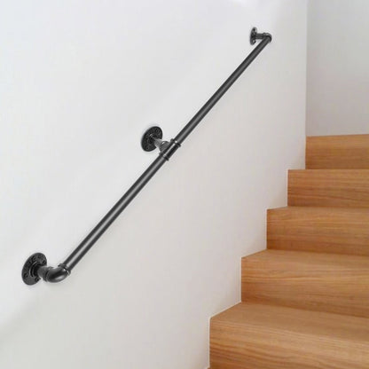 Pipe Stair Handrail, 4FT Staircase Handrail, 440LBS Load Capacity Carbon Steel Pipe Handrail, Industrial Pipe Handrail with Wall Mount Support, Round Corner Wall Handrailings for Indoor, Outdoor