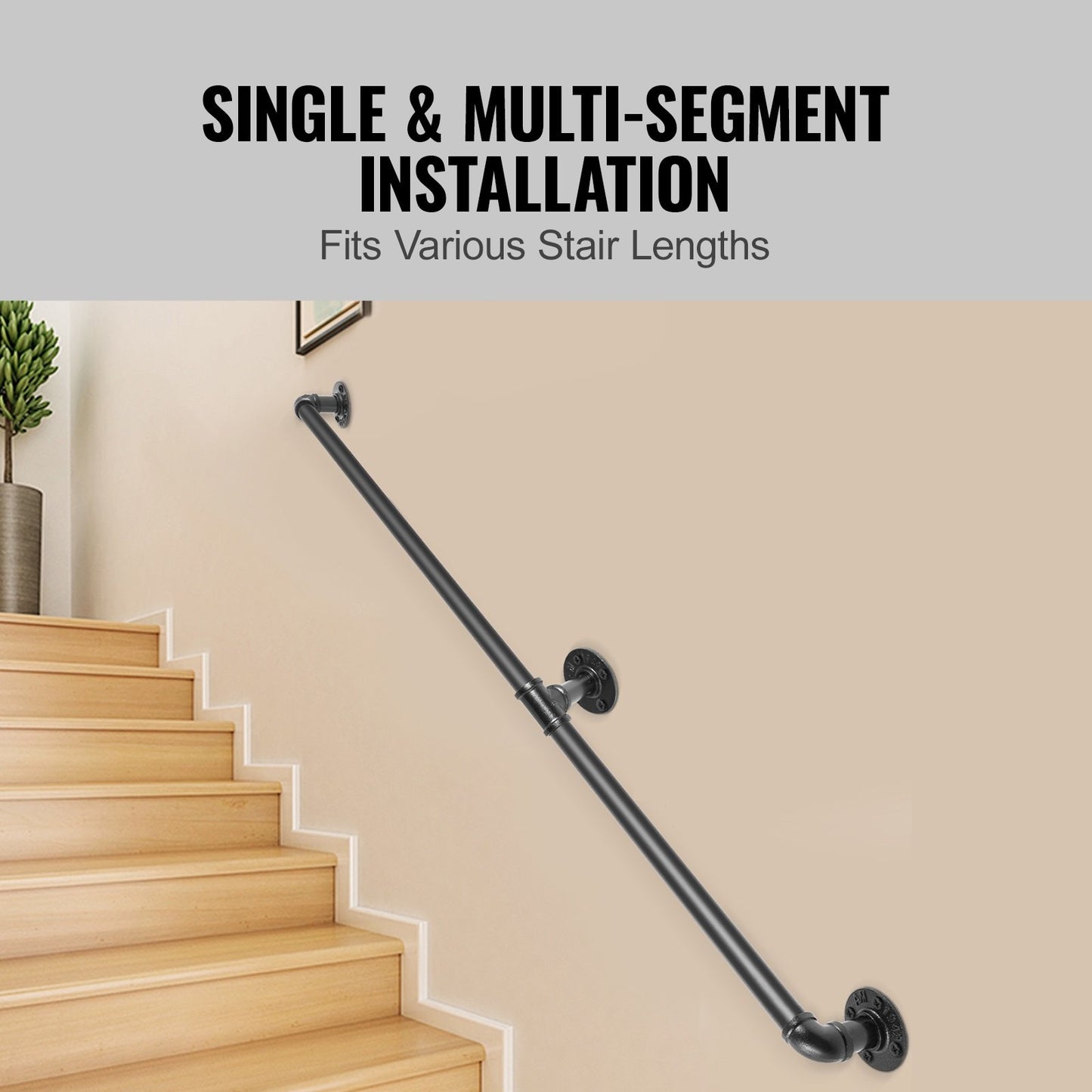 Pipe Stair Handrail, 6FT Staircase Handrail, 440LBS Load Capacity Carbon Steel Pipe Handrail, Industrial Pipe Handrail with Wall Mount Support, Round Corner Wall Handrailings for Indoor, Outdoor