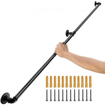 Pipe Stair Handrail, 7FT Staircase Handrail, 440LBS Load Capacity Carbon Steel Pipe Handrail, Industrial Pipe Handrail with Wall Mount Support, Round Corner Wall Handrailings for Indoor, Outdoor