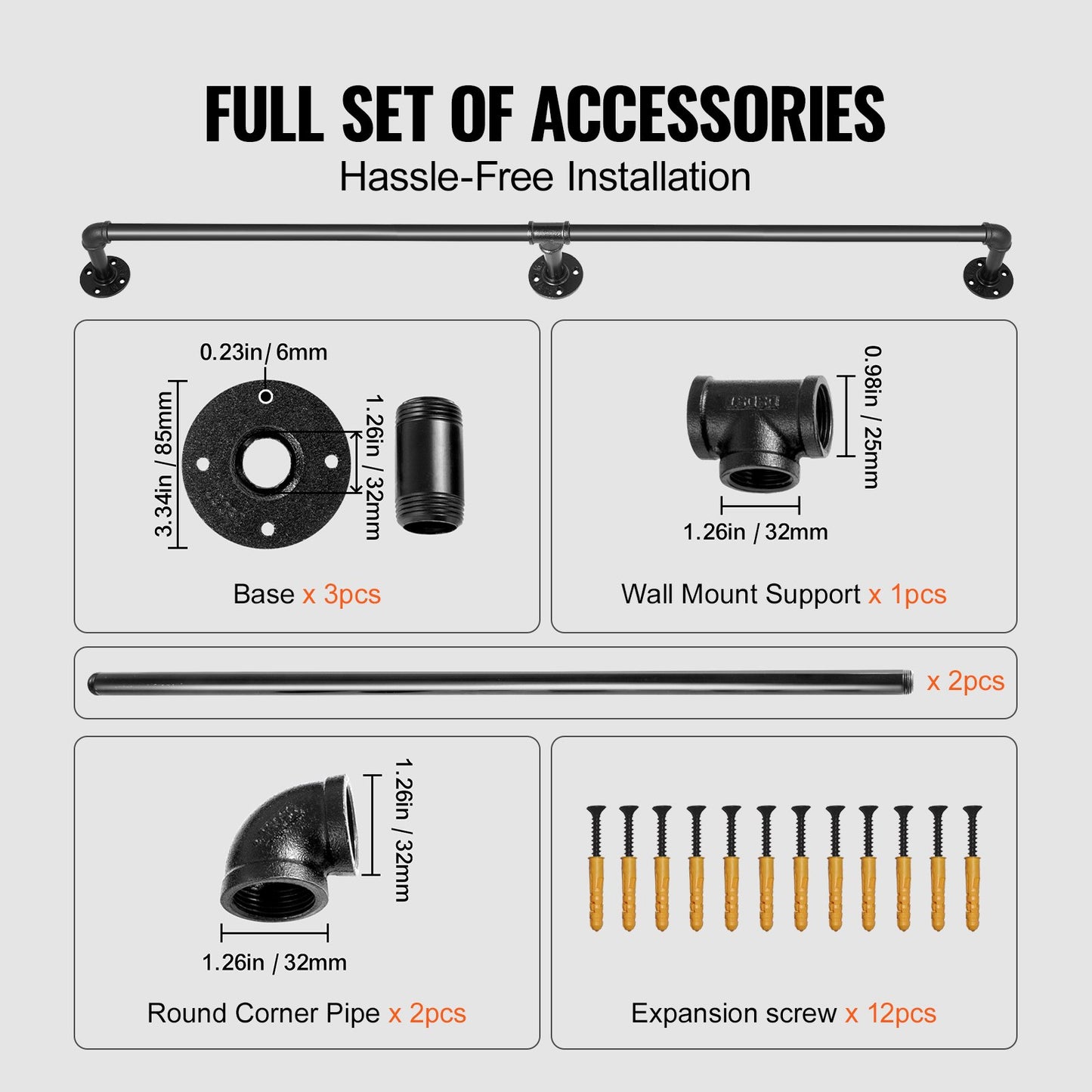 Pipe Stair Handrail, 7FT Staircase Handrail, 440LBS Load Capacity Carbon Steel Pipe Handrail, Industrial Pipe Handrail with Wall Mount Support, Round Corner Wall Handrailings for Indoor, Outdoor