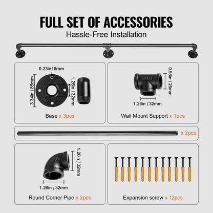 Pipe Stair Handrail, 7FT Staircase Handrail, 440LBS Load Capacity Carbon Steel Pipe Handrail, Industrial Pipe Handrail with Wall Mount Support, Round Corner Wall Handrailings for Indoor, Outdoor