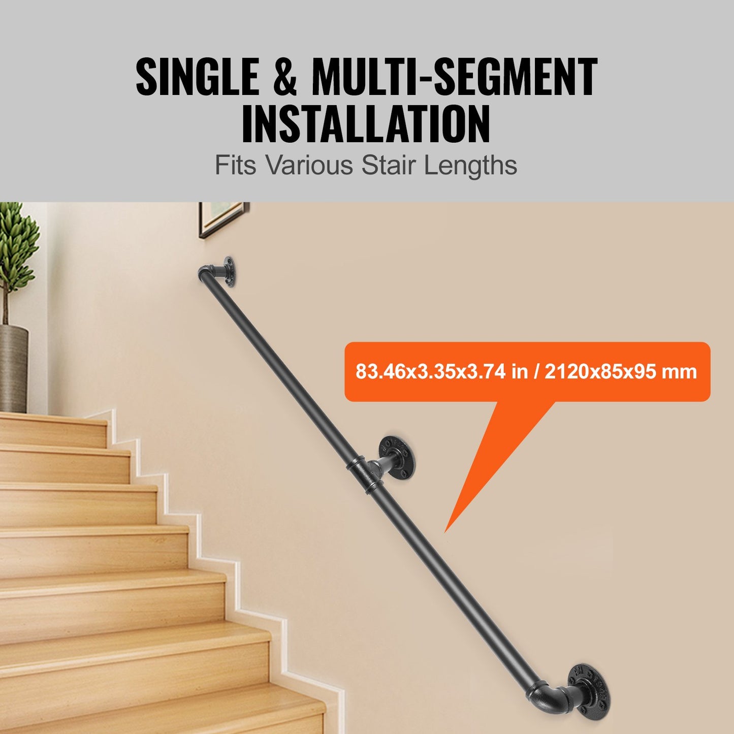 Pipe Stair Handrail, 7FT Staircase Handrail, 440LBS Load Capacity Carbon Steel Pipe Handrail, Industrial Pipe Handrail with Wall Mount Support, Round Corner Wall Handrailings for Indoor, Outdoor