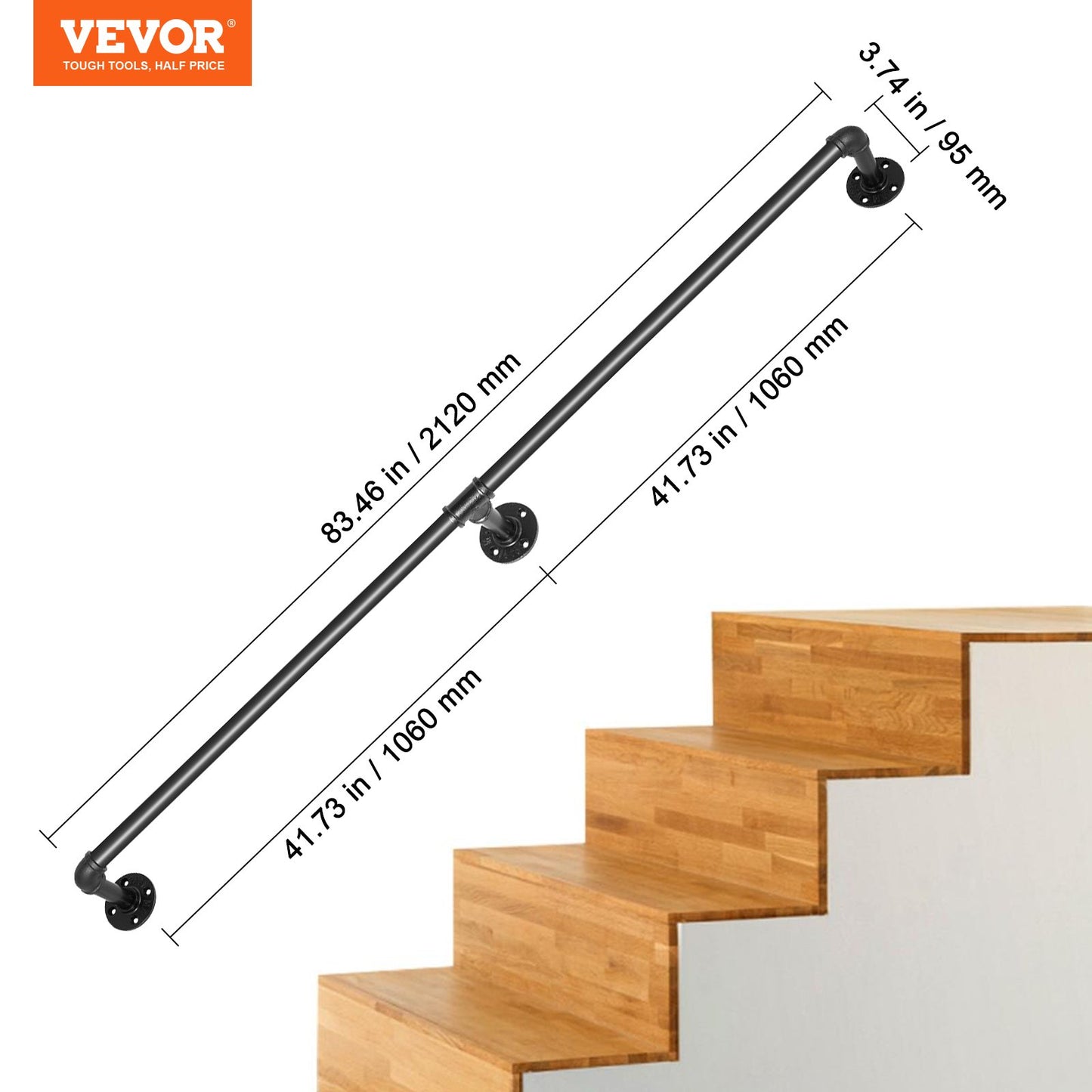 Pipe Stair Handrail, 7FT Staircase Handrail, 440LBS Load Capacity Carbon Steel Pipe Handrail, Industrial Pipe Handrail with Wall Mount Support, Round Corner Wall Handrailings for Indoor, Outdoor