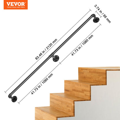 Pipe Stair Handrail, 7FT Staircase Handrail, 440LBS Load Capacity Carbon Steel Pipe Handrail, Industrial Pipe Handrail with Wall Mount Support, Round Corner Wall Handrailings for Indoor, Outdoor