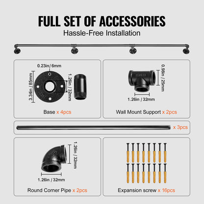 Pipe Stair Handrail, 8FT Stair Handrail, 440LBS Load Capacity Carbon Steel Pipe Handrail, Industrial Pipe Handrail with Wall Mount Support, Round Corner Wall Handrails for Indoor, Outdoor