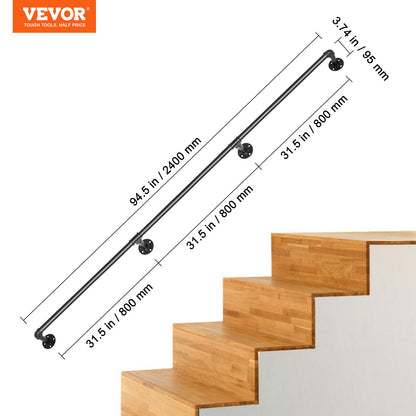 Pipe Stair Handrail, 8FT Stair Handrail, 440LBS Load Capacity Carbon Steel Pipe Handrail, Industrial Pipe Handrail with Wall Mount Support, Round Corner Wall Handrails for Indoor, Outdoor