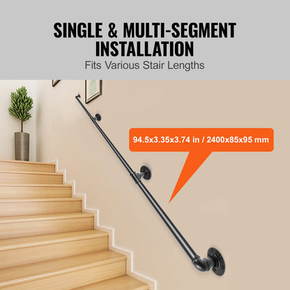 Pipe Stair Handrail, 8FT Staircase Handrail, 440LBS Load Capacity Carbon Steel Pipe Handrail, Industrial Pipe Handrail with Wall Mount Support, Round Corner Wall Handrailings for Indoor, Outdoor
