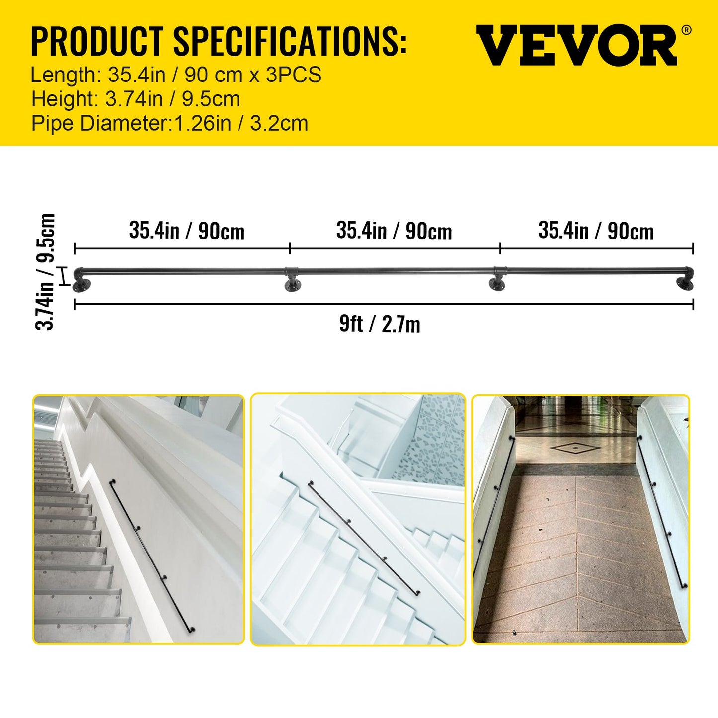 Pipe Stair Handrail, 9FT Staircase Handrail, 440LBS Load Capacity Carbon Steel Pipe Handrail, Industrial Pipe Handrail with Wall Mount Support, Round Corner Wall Handrailings for Indoor, Outdoor