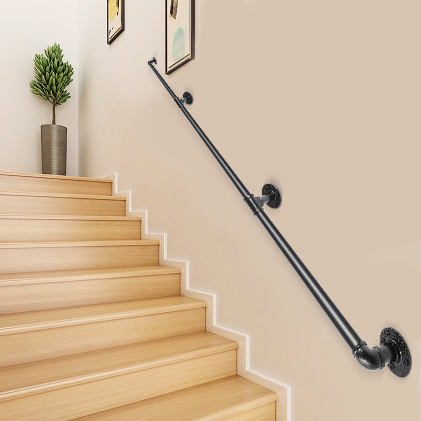 Pipe Stair Handrail, 9FT Staircase Handrail, 440LBS Load Capacity Carbon Steel Pipe Handrail, Industrial Pipe Handrail with Wall Mount Support, Round Corner Wall Handrailings for Indoor, Outdoor