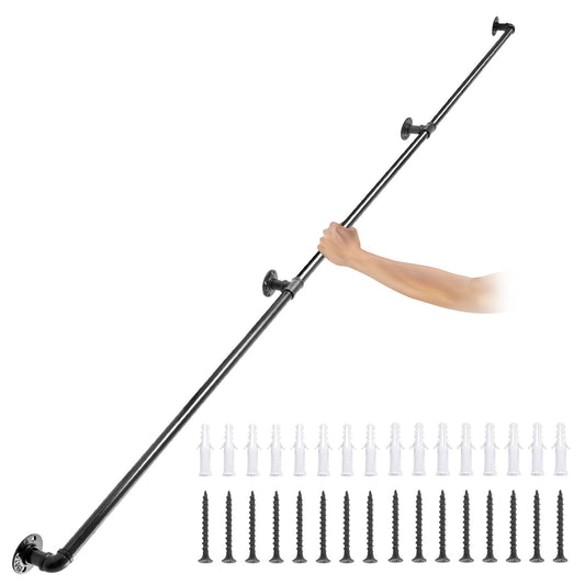 Pipe Stair Handrail, 9FT Stair Handrail, 440LBS Load Capacity Carbon Steel Pipe Handrail, Industrial Pipe Handrail with Wall Mount Support, Round Corner Wall Handrails for Indoor, Outdoor