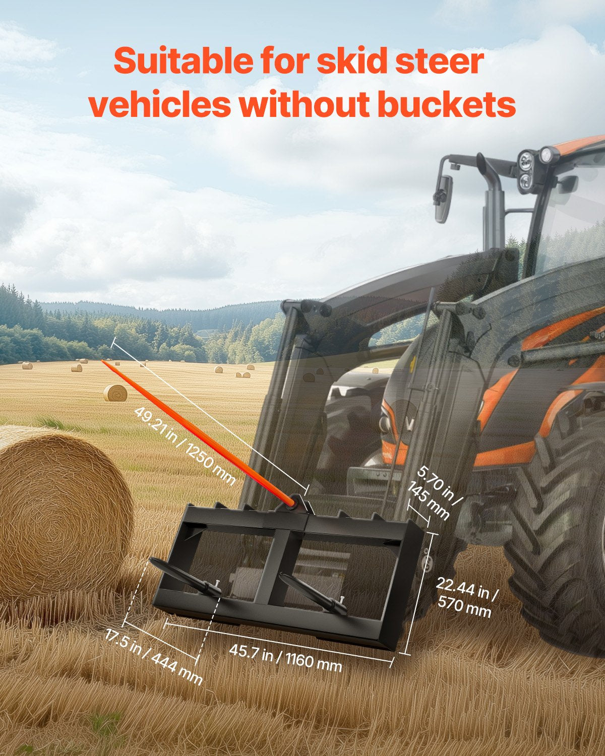 49" höspjut, balspjut 1600lbs lastkapacitet, minilastare traktortillbehör med 2st 17,5" stabilisatorspjut, snabbfäste spikgafflar