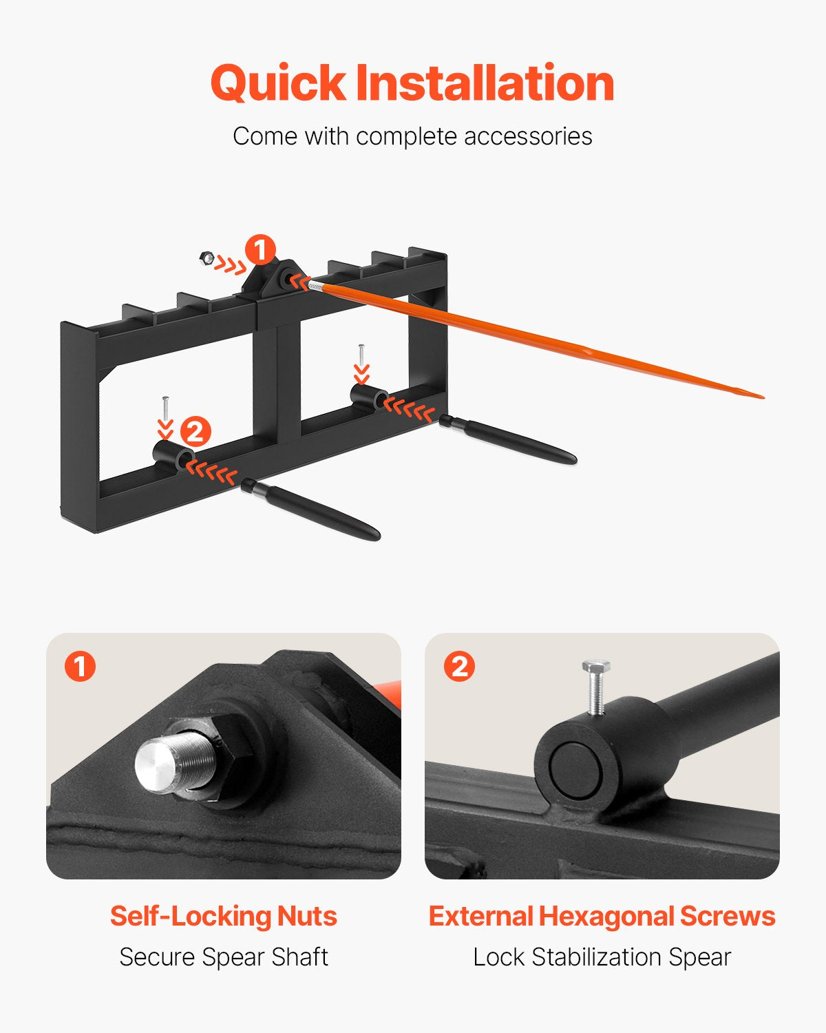 49" höspjut, balspjut 1600lbs lastkapacitet, minilastare traktortillbehör med 2st 17,5" stabilisatorspjut, snabbfäste spikgafflar