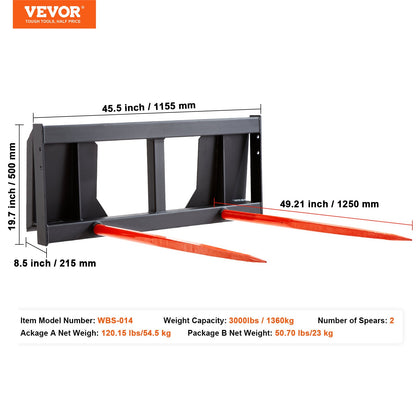 49" höspjut, balspjut 3000lbs lastkapacitet, minilastare Traktortillbehör 2 st spjut, snabbfäste spikgafflar