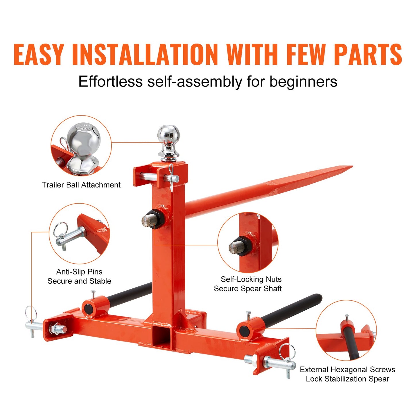 49" Heuspieß, Ballenspieß mit 1600 lbs Tragkraft, Dreipunkt-Traktorbefestigung mit 2 x 17,5" Stabilisierungsspieß, Schnellbefestigungs-Nagelgabeln