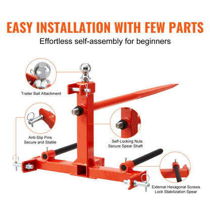 49" Heuspieß, Ballenspieß mit 1600 lbs Tragkraft, Dreipunkt-Traktorbefestigung mit 2 x 17,5" Stabilisierungsspieß, Schnellbefestigungs-Nagelgabeln