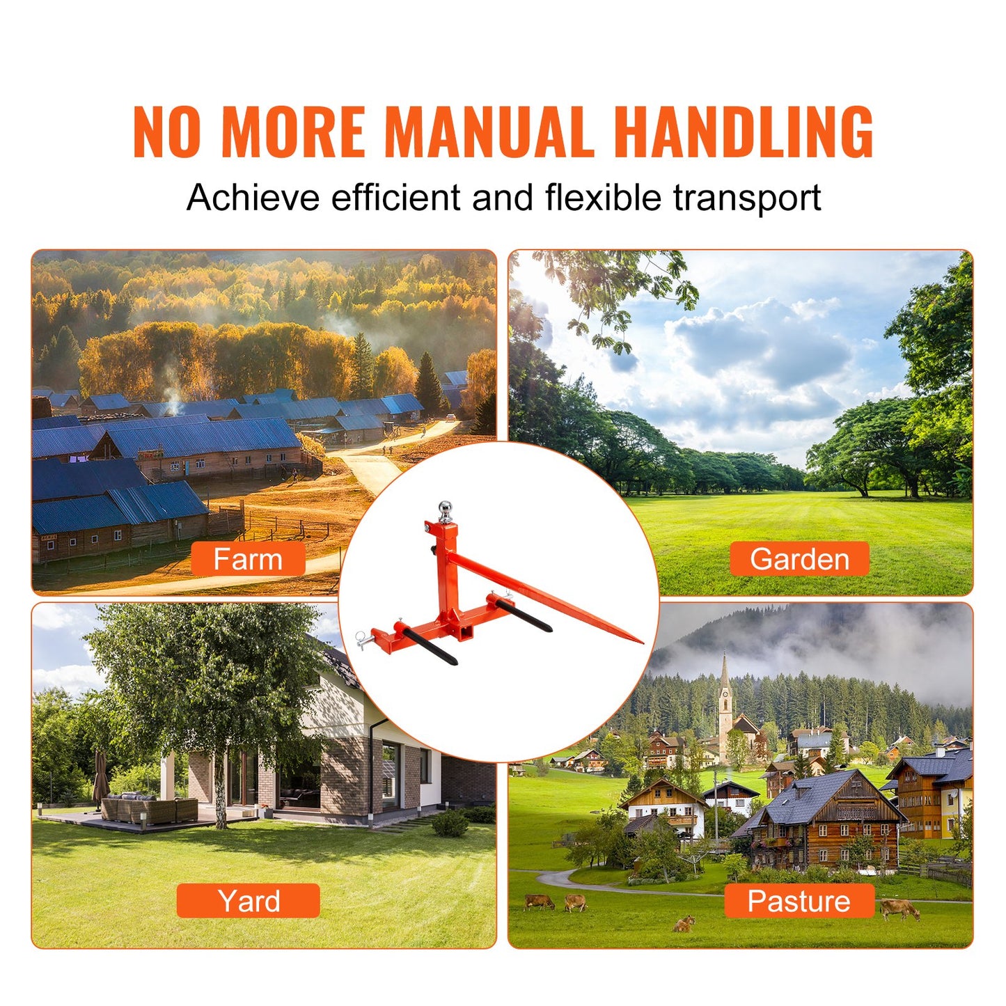 49" Heuspieß, Ballenspieß mit 1600 lbs Tragkraft, Dreipunkt-Traktorbefestigung mit 2 x 17,5" Stabilisierungsspieß, Schnellbefestigungs-Nagelgabeln