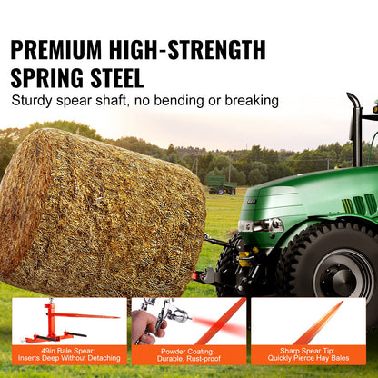 49" Hay Spear, Bale Spears 1600lbs Loading Capacity, Three-Point Hitch Tractor Attachment with 2pcs 17.5" Stabilizer Spears, Quick Attach Spike Forks