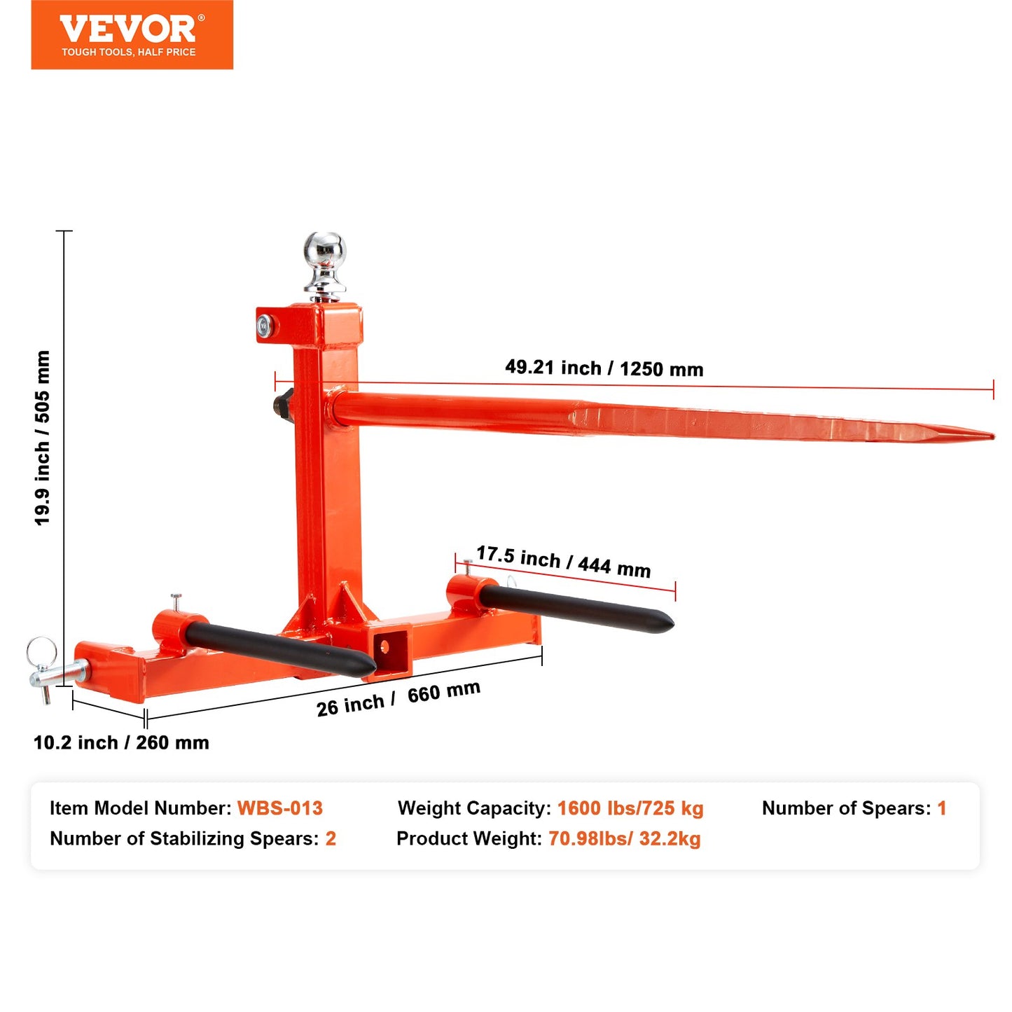 49" Hay Spear, Bale Spears 1600lbs Loading Capacity, Three-Point Hitch Tractor Attachment with 2pcs 17.5" Stabilizer Spears, Quick Attach Spike Forks