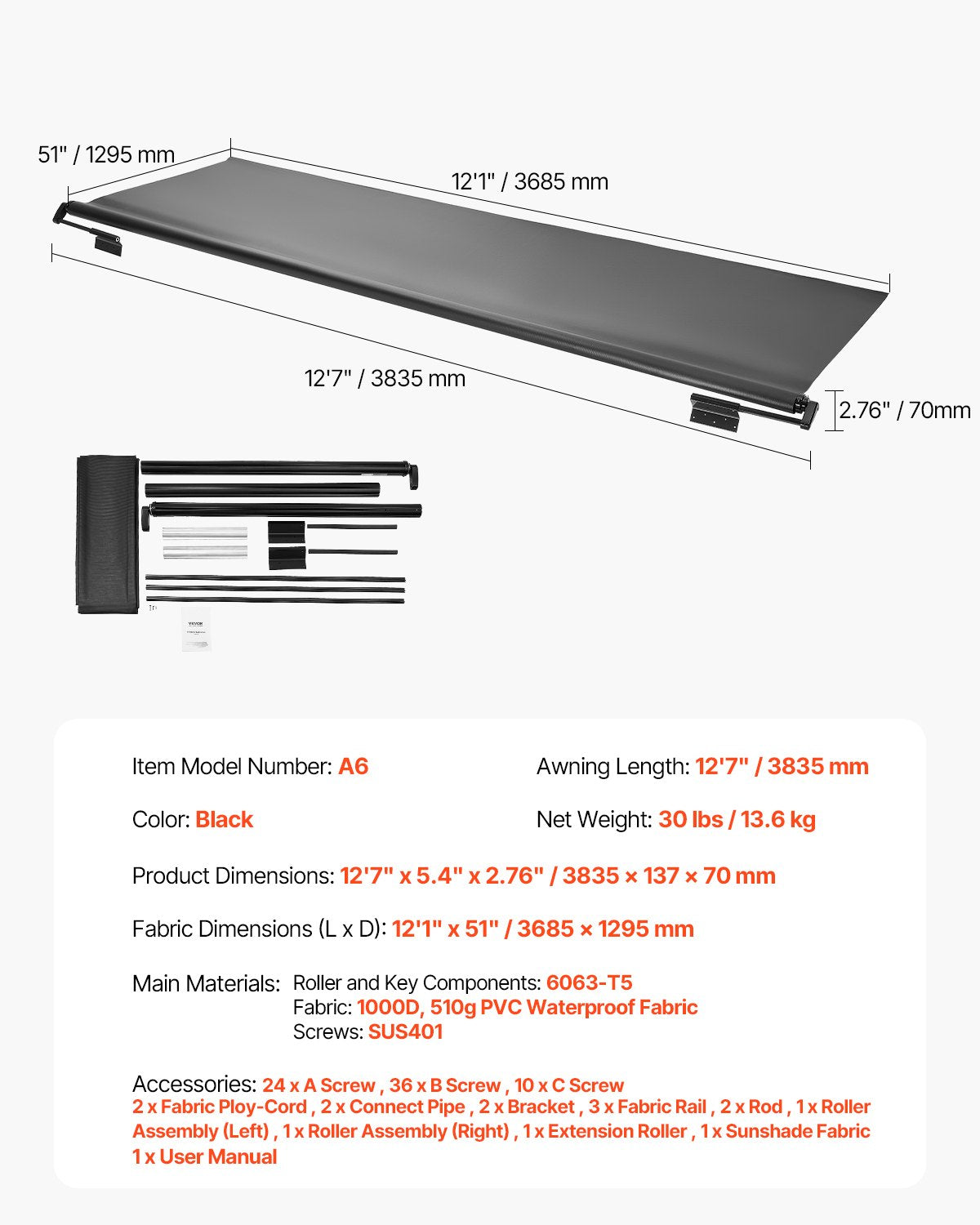 Camper Awning Fabric Replacement, 1" to 12', Weatherproof Durable Slide Topper Awning with Bracket, Heavy Duty Slide Topper Awning with Stainless Steel Material, Fit for RV & Motorhome(Black)