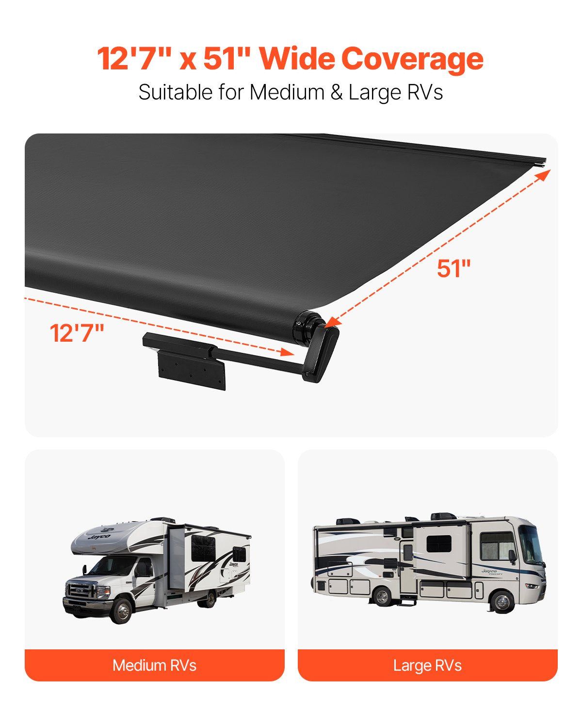 Camper Awning Fabric Replacement, 7" to 12', Weatherproof Durable Slide Topper Awning with Bracket, Heavy Duty Slide Topper Awning with Stainless Steel Material, Fit for RV & Motorhome(Black)