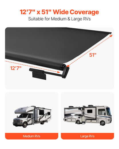 Camper Awning Fabric Replacement, 7" to 12', Weatherproof Durable Slide Topper Awning with Bracket, Heavy Duty Slide Topper Awning with Stainless Steel Material, Fit for RV & Motorhome(Black)