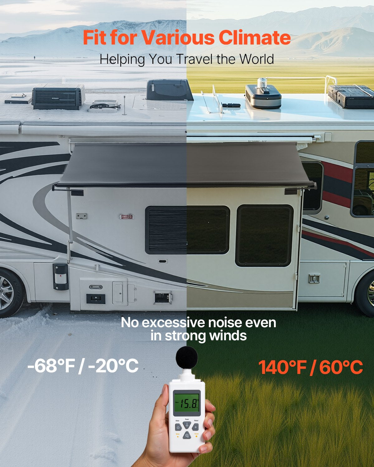 Camper Awning Fabric Replacement, 7" to 12', Weatherproof Durable Slide Topper Awning with Bracket, Heavy Duty Slide Topper Awning with Stainless Steel Material, Fit for RV & Motorhome(Black)