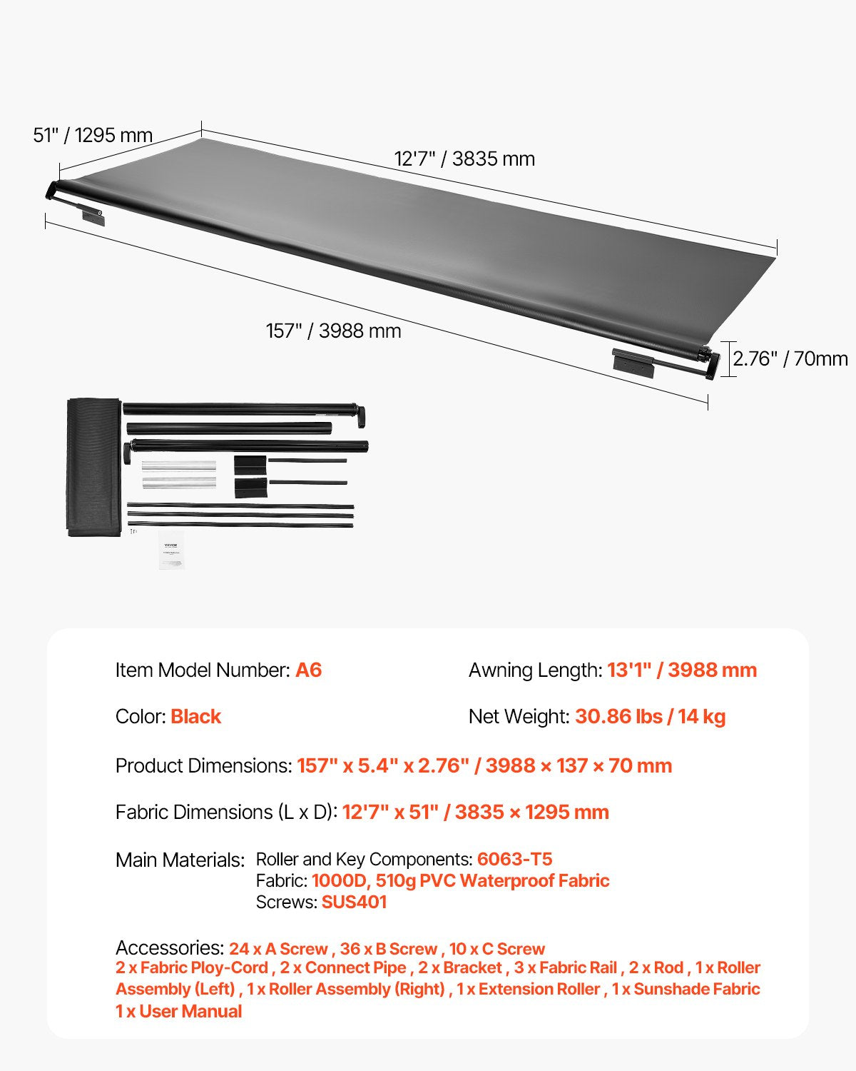 Camper Awning Fabric Replacement, 7" to 12', Weatherproof Durable Slide Topper Awning with Bracket, Heavy Duty Slide Topper Awning with Stainless Steel Material, Fit for RV & Motorhome(Black)