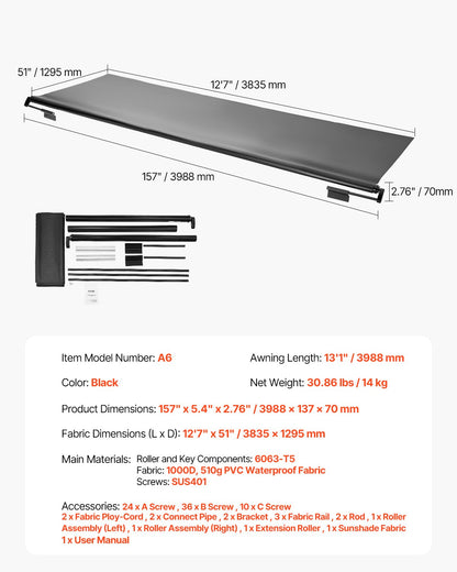 Camper Awning Fabric Replacement, 7" to 12', Weatherproof Durable Slide Topper Awning with Bracket, Heavy Duty Slide Topper Awning with Stainless Steel Material, Fit for RV & Motorhome(Black)