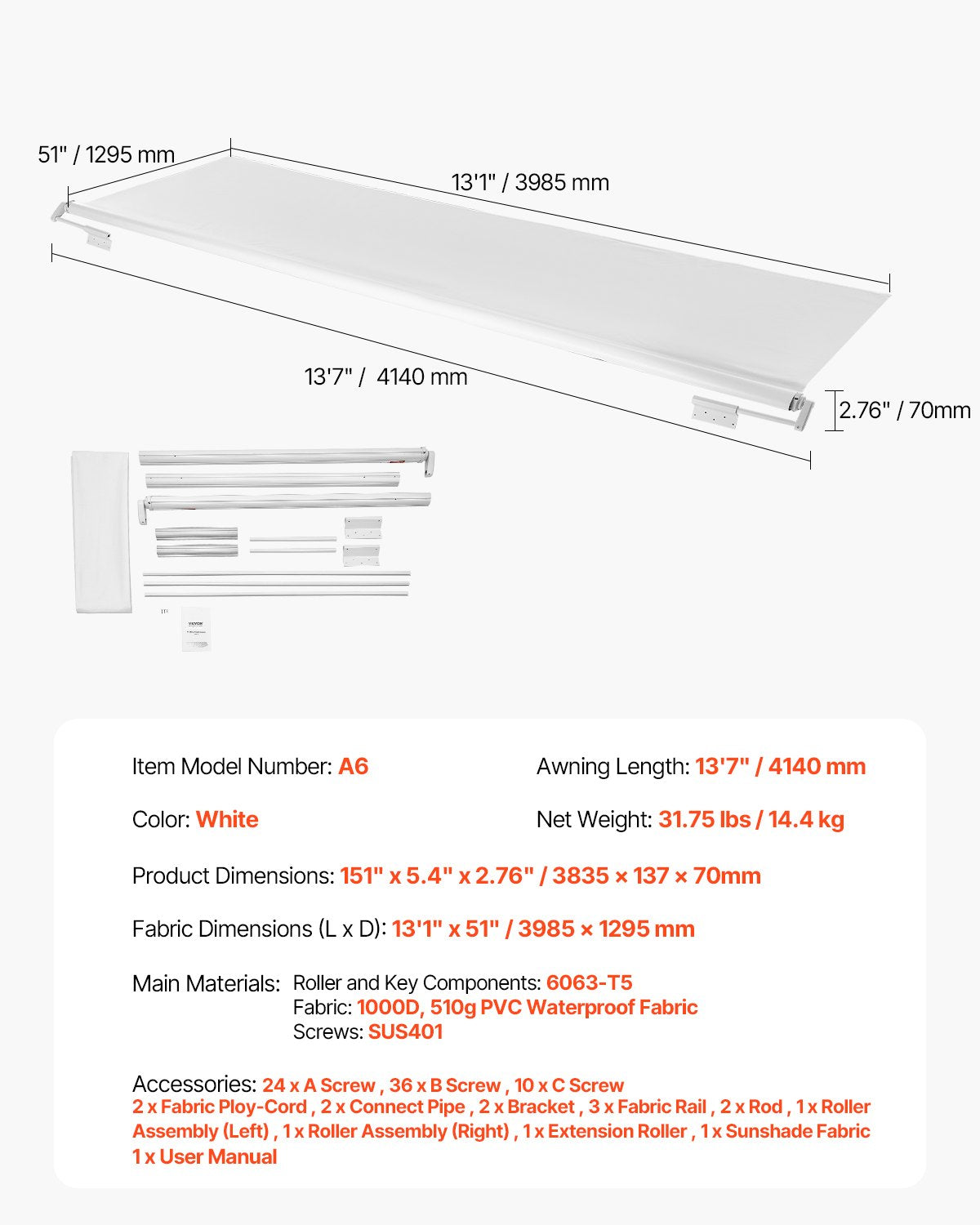 Camper Awning Fabric Replacement, 1" to 13', Weatherproof Durable Slide Topper Awning with Bracket, Heavy Duty Slide Topper Awning with Stainless Steel Material, Fit for RV & Motorhome(White)