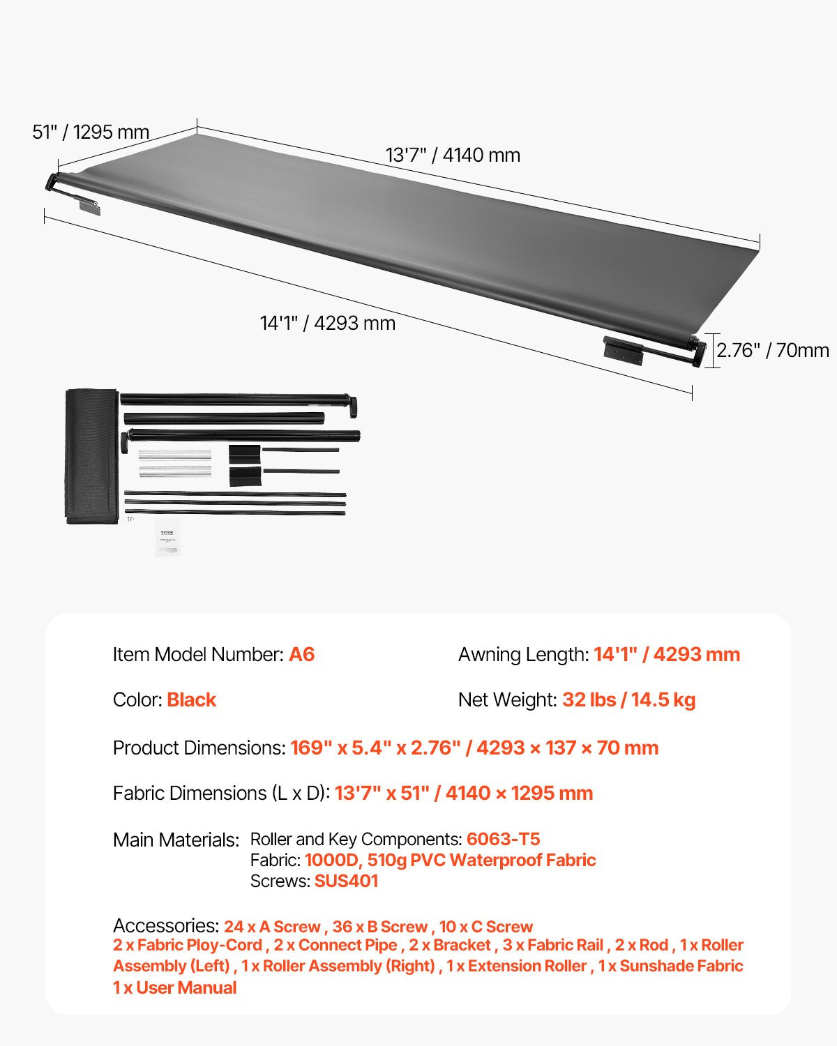 Camper Awning Fabric Replacement, 7" to 13', Weatherproof Durable Slide Topper Awning with Bracket, Heavy Duty Slide Topper Awning with Stainless Steel Material, Fit for RV & Motorhome(Black)
