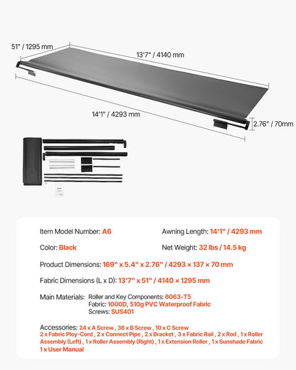 Camper Awning Fabric Replacement, 7" to 13', Weatherproof Durable Slide Topper Awning with Bracket, Heavy Duty Slide Topper Awning with Stainless Steel Material, Fit for RV & Motorhome(Black)