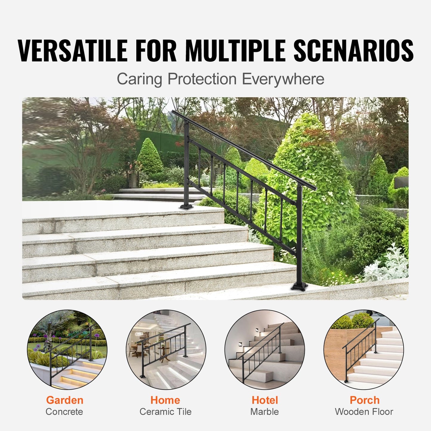 Outdoor Stair Railing, Fits for 1-5 Steps Transitional Wrought Iron Handrail, Adjustable Exterior Stair Railing with Fence, Handrails for Concrete Steps with Installation Kit, Matte Black