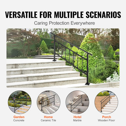Outdoor Stair Railing, Fits for 1-5 Steps Transitional Wrought Iron Handrail, Adjustable Exterior Stair Railing with Fence, Handrails for Concrete Steps with Installation Kit, Matte Black
