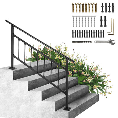 Outdoor Stair Railing, Fits for 1-5 Steps Transitional Wrought Iron Handrail, Adjustable Exterior Stair Railing with Fence, Handrails for Concrete Steps with Installation Kit, Matte Black