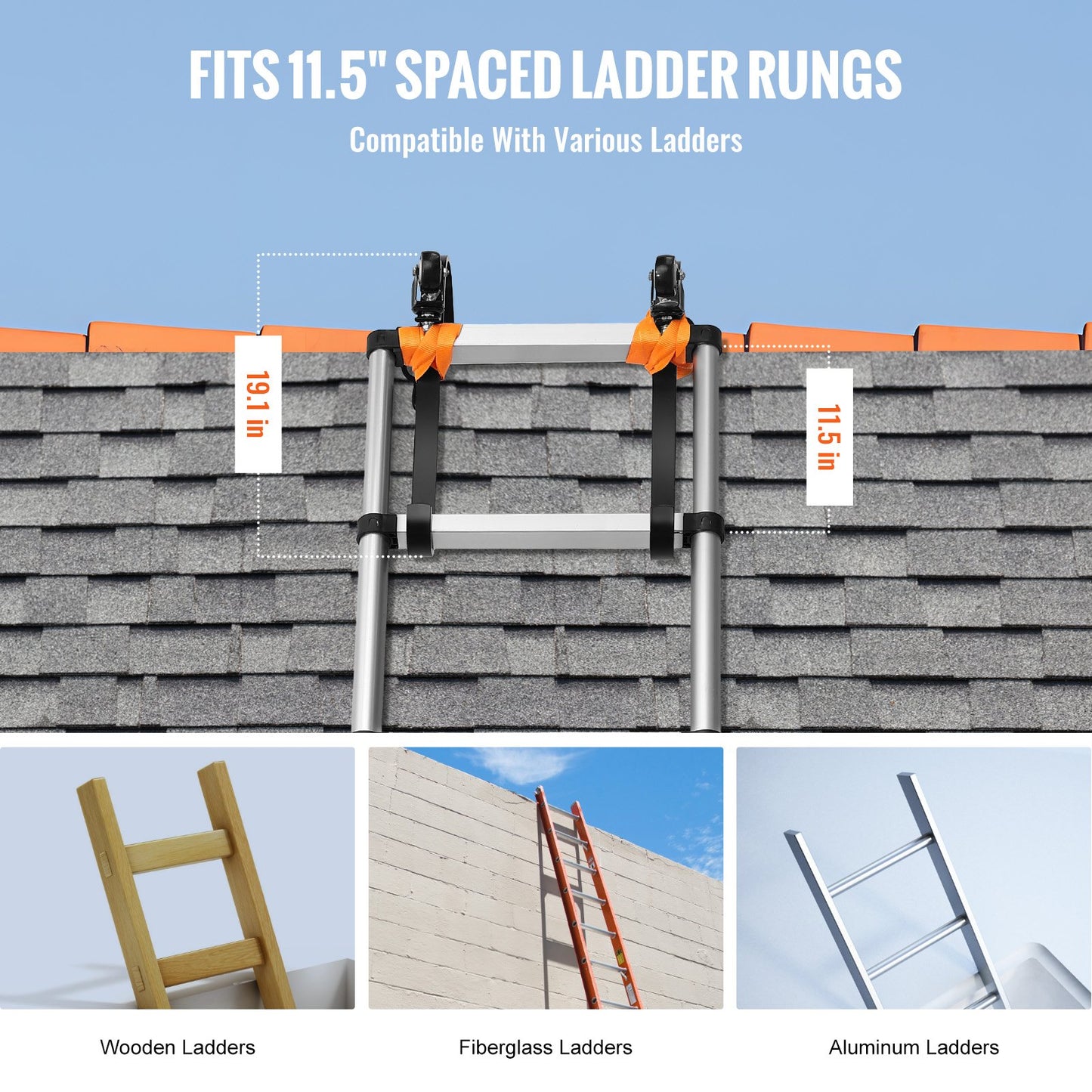 Ladder Roof Hook Stabilizer 2-pack with fixed wheel &amp; swivel steel bar