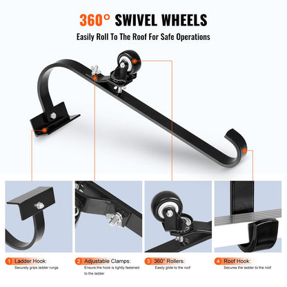 Ladder Roof Hook Stabilizer 2-pack with fixed wheel &amp; swivel steel bar