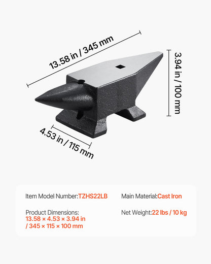 Cast Iron Anvil, 22 Lbs/10kg Single Horn Anvil, with Large Countertop and Stable Base, High Hardness Rugged Round Horn Anvil Blacksmith, for Shaping, Bending