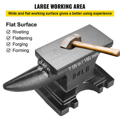 Cast Iron Anvil, 25 Lbs(11kg) Single Horn Anvil with 6.8 x 3.5 inch Countertop and Stable Base, High Hardness Rugged Round Horn Anvil Blacksmith, for Bending, Shaping