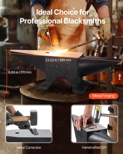Cast Iron Anvil, 86 Lbs Single Horn Anvil with Large Countertop and Stable Base, High Hardness Rugged Round Horn Anvil Blacksmith, for Bending, Shaping