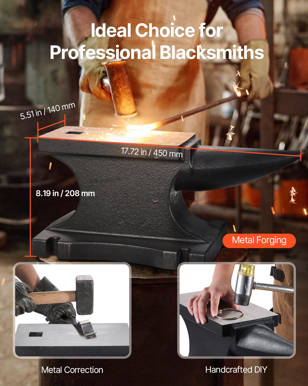 Cast Iron Anvil, 100 Lbs/45kg Single Horn Anvil, with 10.4 x 5 in Countertop and Stable Base, High Hardness Rugged Round Horn Anvil Blacksmith, for Shaping, Bending, Twisting