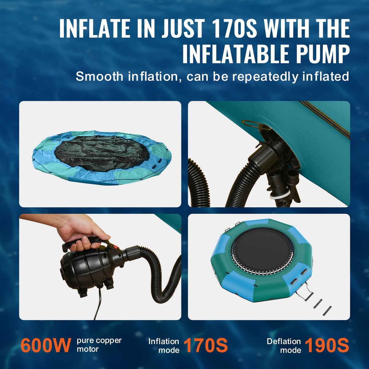 Inflatable Water Bouncer, 10ft Recreational Water Trampoline, Portable Bounce Swim Platform with Slide, 3-Step Ladder & Electric Air Pump, Kid Adult Floating Rebounder for Pool Lake Water Sports