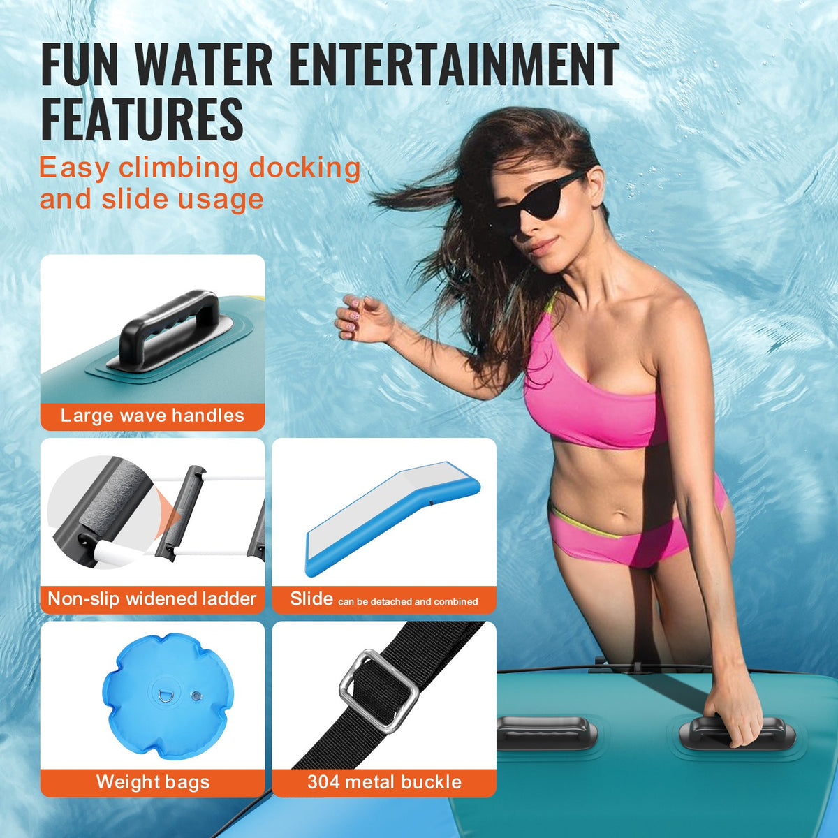Inflatable Water Bouncer, 10ft Recreational Water Trampoline, Portable Bounce Swim Platform with Slide, 3-Step Ladder & Electric Air Pump, Kid Adult Floating Rebounder for Pool Lake Water Sports