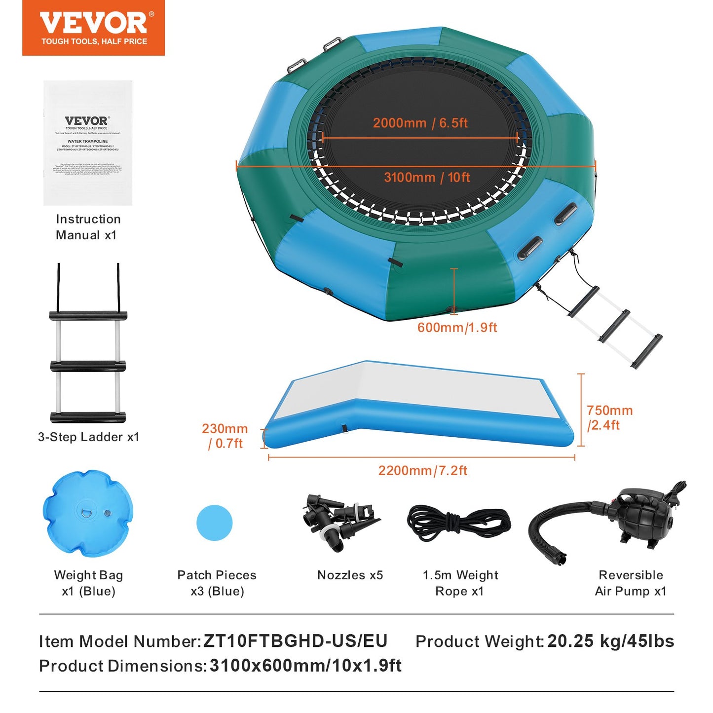 10ft aufblasbares Wassertrampolin Schwimmplattform hüpfen mit Rutsche am Poolsee