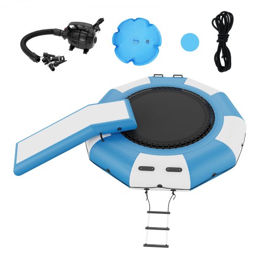 Inflatable Water Bouncer, 10ft Recreational Water Trampoline, Portable Bounce Swim Platform with Slide, 3-Step Ladder & Electric Air Pump, Kid Adult Floating Rebounder for Pool Lake Water Sports