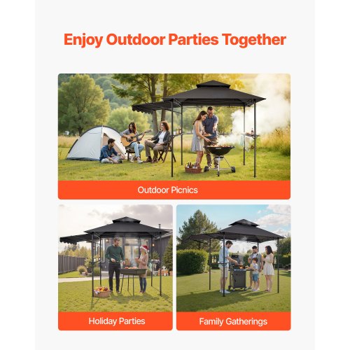 Grillpaviljong, 2,43 x 1,5 m dubbelt tak, Grillpaviljong med extra markis, Pulverlackerat stålgrilltak med 2 sidohyllor, flasköppnare och krokar, Grilltak för trädgården |  EU