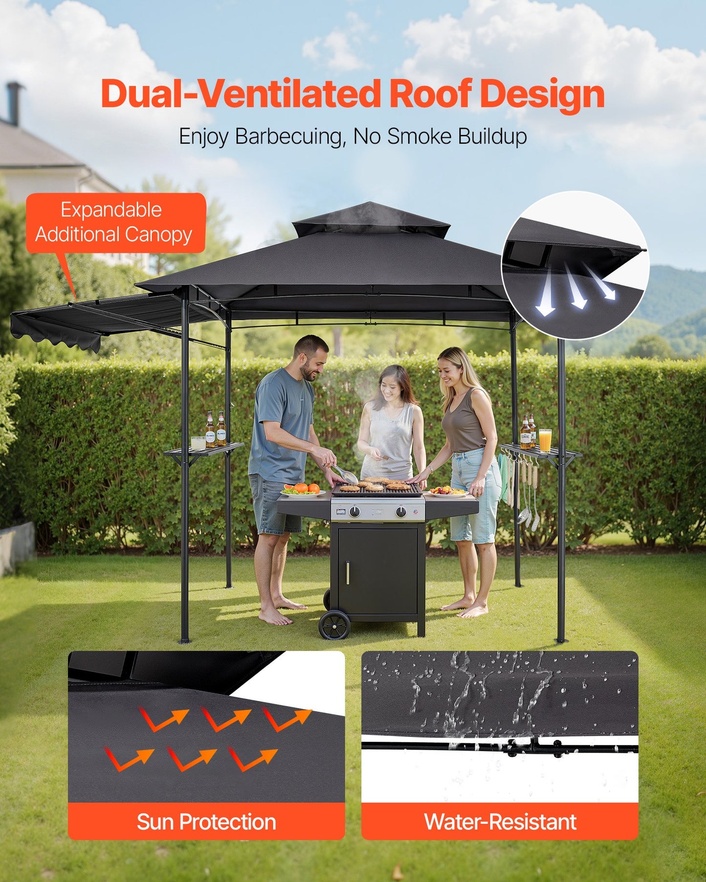 Grill Gazebo, 8 x 5 ft Double-Tiered Top, BBQ Gazebo with Extra Awning, Powder-Coated Steel Patio Grill Shelter with 2 Side Shelves, Bottle Opener & Hooks, Outdoor Grilling Canopy for Garden