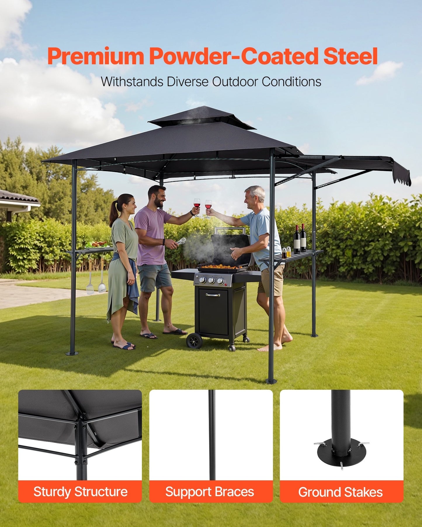 Grill Gazebo, 8 x 5 ft Double-Tiered Top, BBQ Gazebo with Extra Awning, Powder-Coated Steel Patio Grill Shelter with 2 Side Shelves, Bottle Opener & Hooks, Outdoor Grilling Canopy for Garden